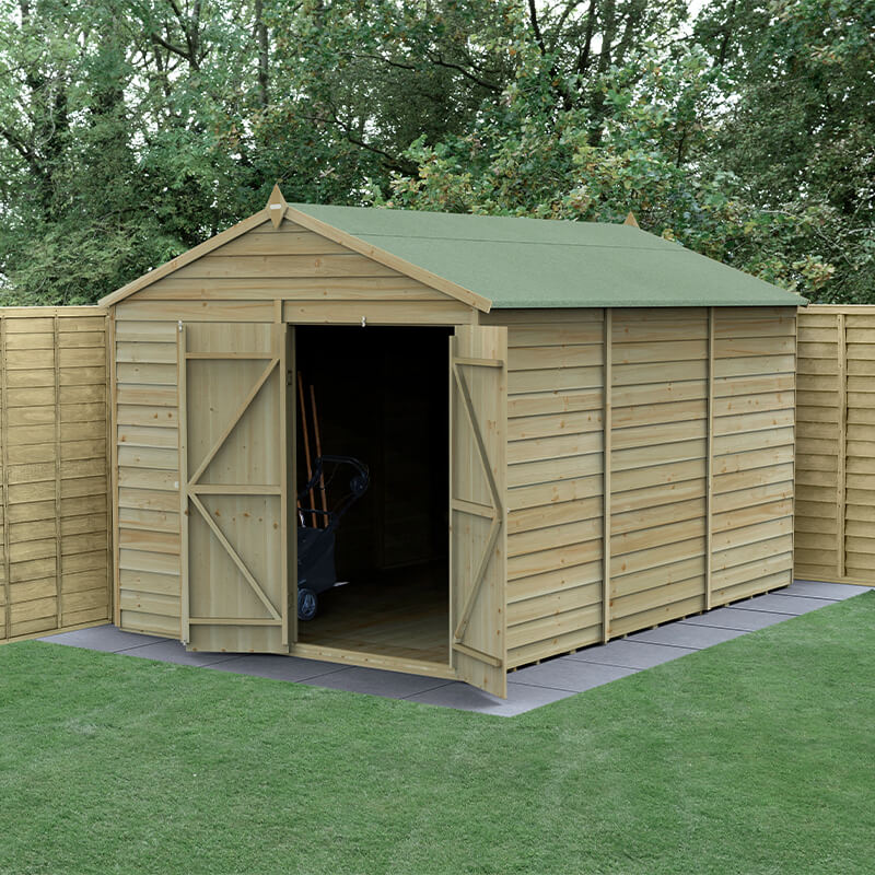12' x 8' Forest 4Life 25yr Guarantee Overlap Pressure Treated Windowless Double Door Apex Wooden Shed (3.6m x 2.61m)