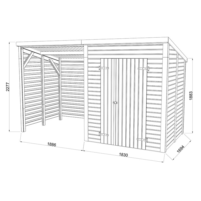 13' x 6' Palmako Leif Heavy Duty Wooden Shed with Bike Shelter (3.8m x 1.9m) Technical Drawing