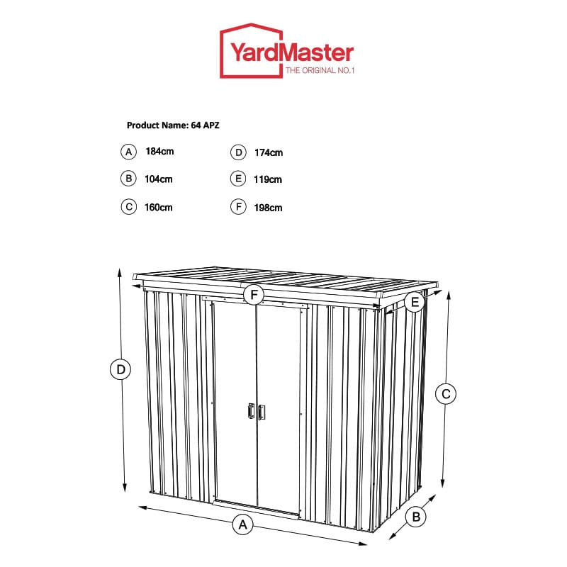 6' x 4' Yardmaster Castleton Anthracite Pent Metal Shed (1.98m x 1.19m) Technical Drawing
