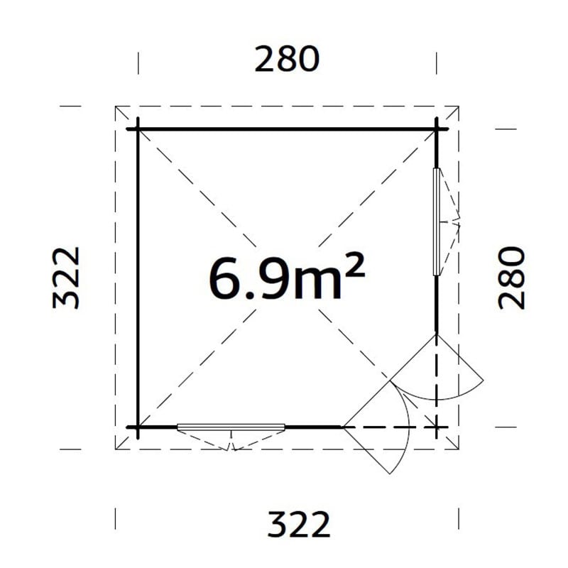 Palmako Melanie 2.8m x 2.8m Corner Summer House Log Cabin (28mm) Technical Drawing