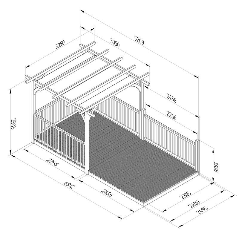 8' x 16' Forest Pergola Deck Kit with Retractable Canopy No. 10 (2.4m x 4.8m) Technical Drawing