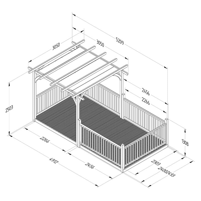 8' x 16' Forest Pergola Deck Kit with Retractable Canopy No. 13 (2.4m x 4.8m) Technical Drawing