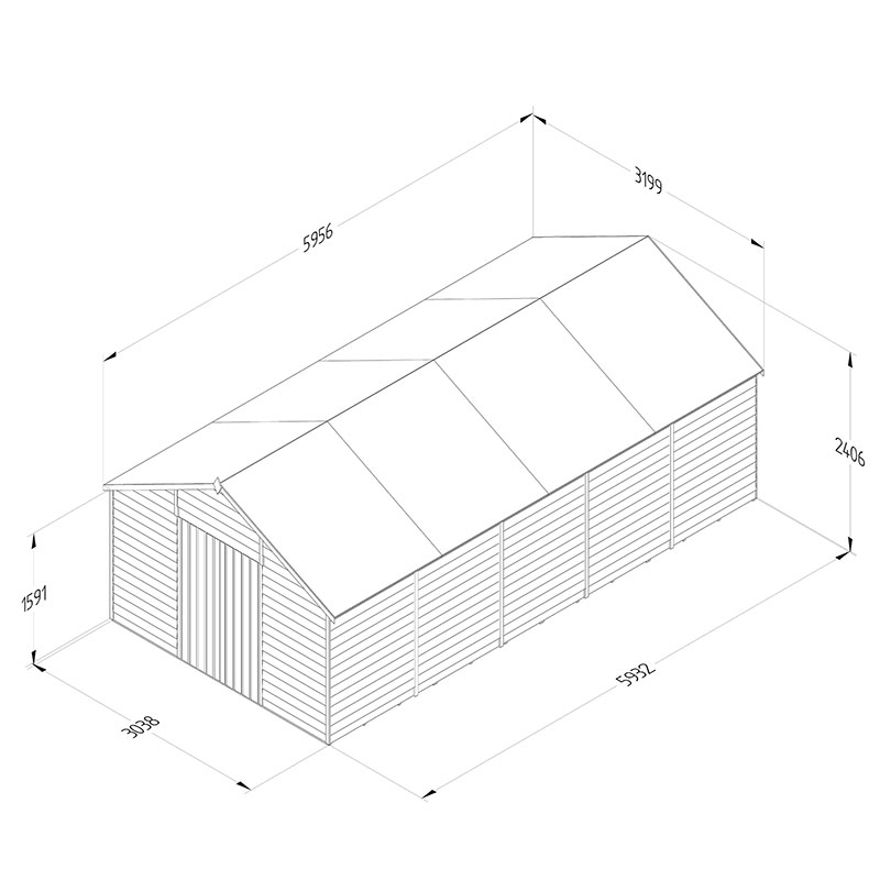 20' x 10' Forest 4Life 25yr Guarantee Overlap Pressure Treated Windowless Double Door Apex Wooden Shed (5.96m x 3.2m) Technical Drawing