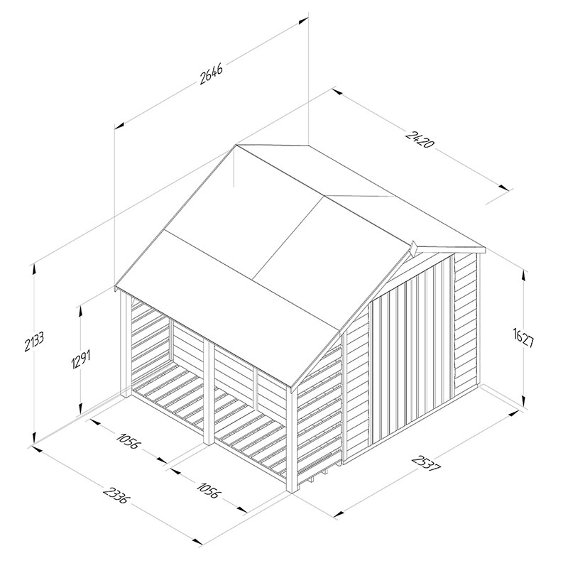 8' x 6' Forest 4Life 25yr Guarantee Overlap Pressure Treated Double Door Apex Wooden Shed with Lean To (2.42m x 2.64m) Technical Drawing