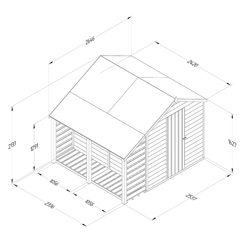 8' x 6' Forest 4Life 25yr Guarantee Overlap Pressure Treated Apex Wooden Shed with Lean To (2.42m x 2.64m) Technical Drawing