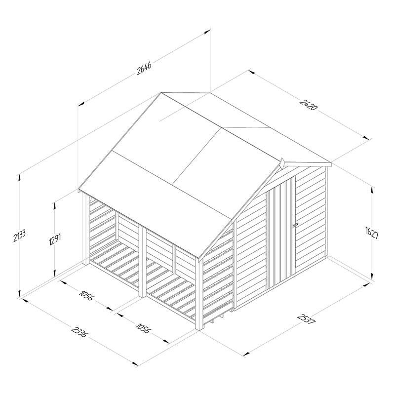 8' x 6' Forest 4Life 25yr Guarantee Overlap Pressure Treated Windowless Apex Wooden Shed with Lean To (2.42m x 2.64m) Technical Drawing