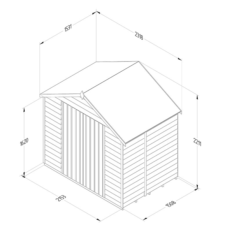 7' x 5' Forest 4Life 25yr Guarantee Overlap Pressure Treated Windowless Double Door Apex Wooden Shed (2.32m x 1.53m) Technical Drawing