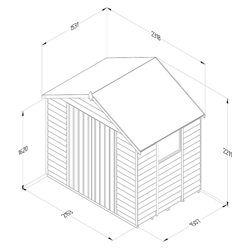 7' x 5' Forest 4Life 25yr Guarantee Overlap Pressure Treated Double Door Apex Wooden Shed (2.32m x 1.54m) Technical Drawing