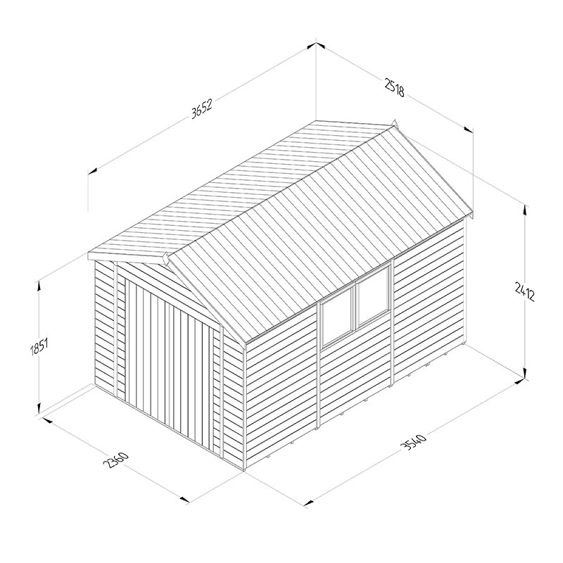 12' x 8' Forest Timberdale 25yr Guarantee Tongue & Groove Pressure Treated Double Door Apex Shed (3.65m x 2.52m) Technical Drawing