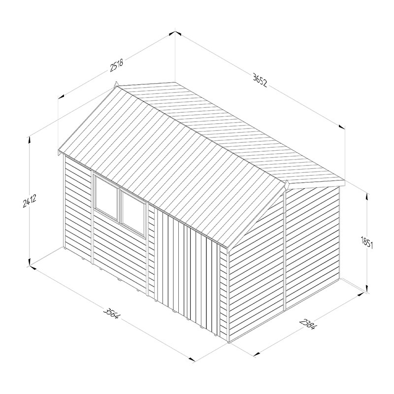 12' x 8' Forest Timberdale 25yr Guarantee Tongue & Groove Pressure Treated Double Door Reverse Apex Shed (3.65m x 2.52m) Technical Drawing