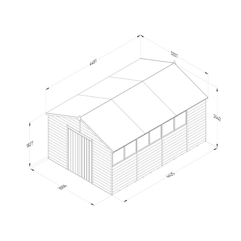 15' x 10' Forest 4Life 25yr Guarantee Overlap Pressure Treated Double Door Apex Wooden Shed (3.21m x 4.48m) Technical Drawing