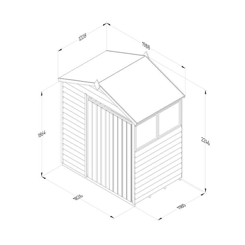 6' x 4' Forest 4Life 25yr Guarantee Overlap Pressure Treated Double Door Apex Wooden Shed (1.99m x 1.23m) Technical Drawing