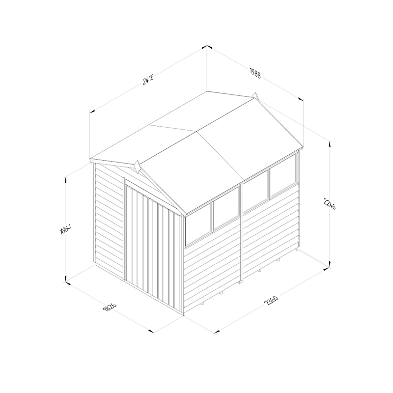 8' x 6' Forest 4Life 25yr Guarantee Overlap Pressure Treated Double Door Apex Wooden Shed - 4 Windows (2.42m x 1.99m) Technical Drawing
