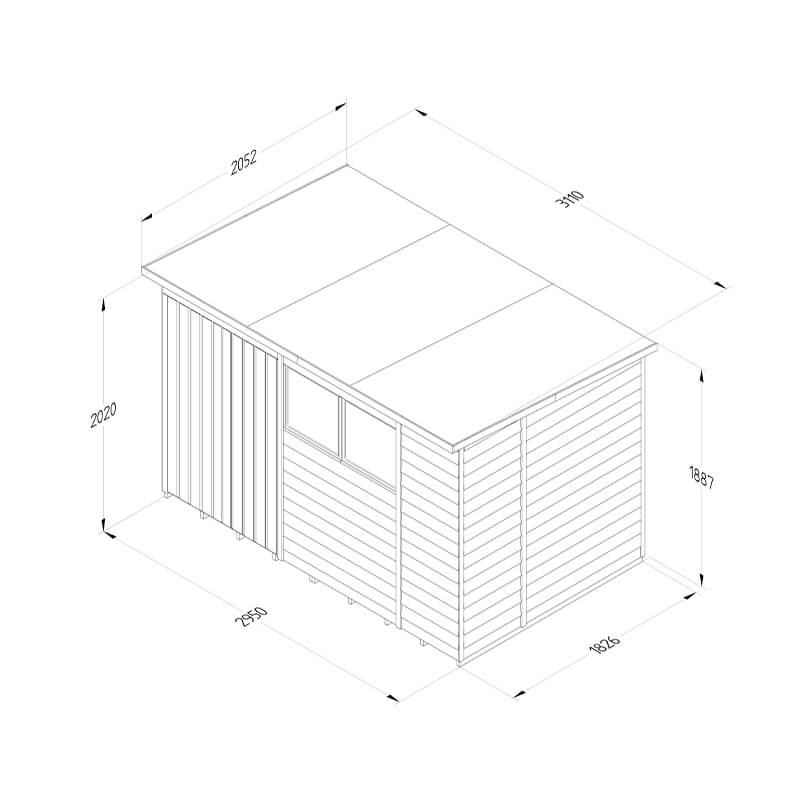 10' x 6' Forest 4Life 25yr Guarantee Overlap Pressure Treated Double Door Pent Wooden Shed (3.11m x 2.04m) Technical Drawing