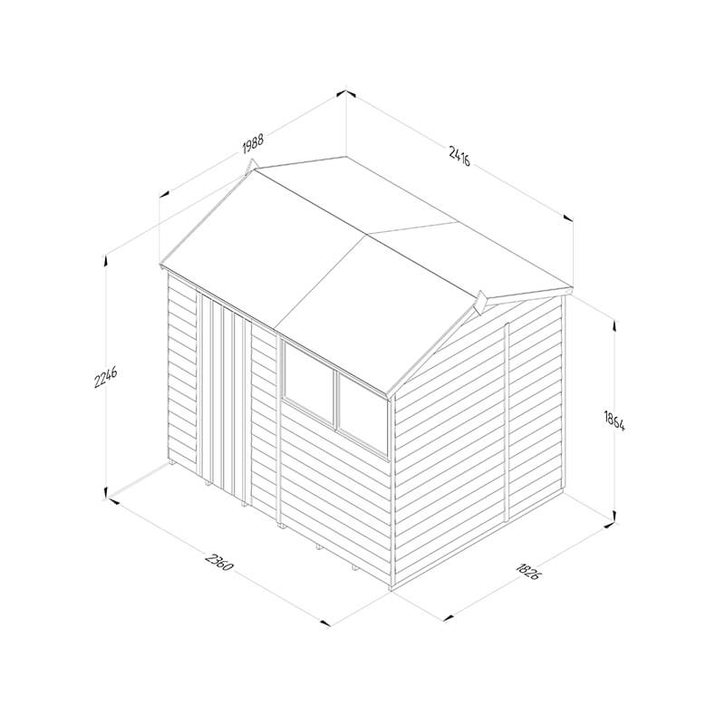 8' x 6' Forest 4Life 25yr Guarantee Overlap Pressure Treated Reverse Apex Wooden Shed (2.42m x 1.99m) Technical Drawing