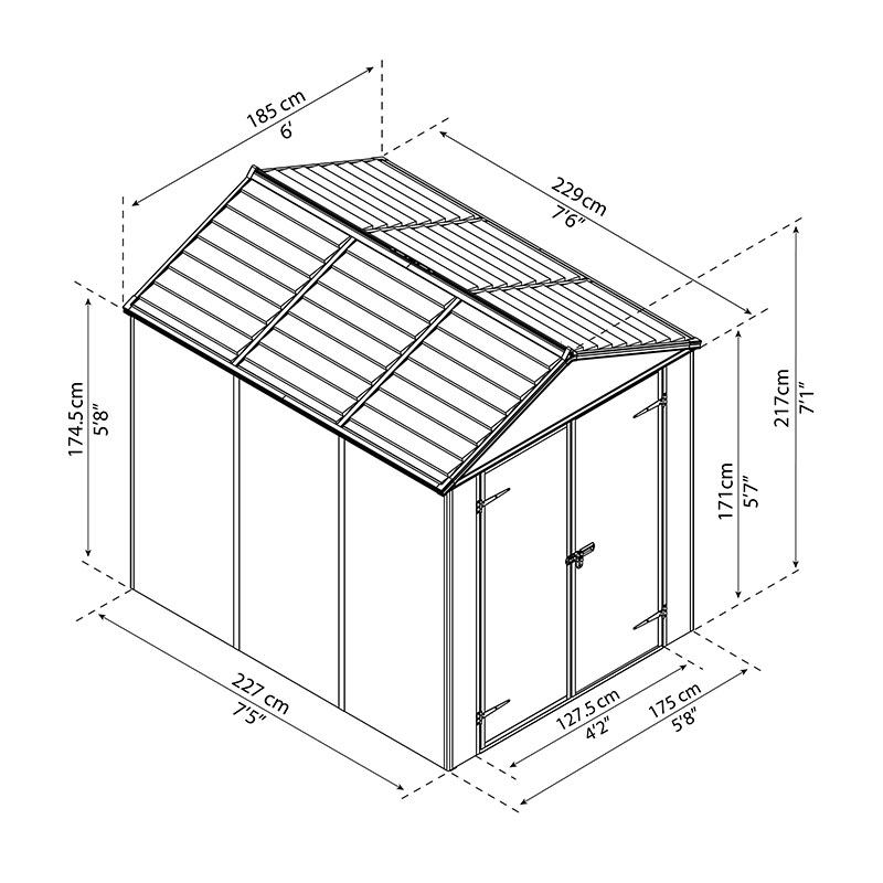 6' x 8' Palram Canopia Rubicon Double Door Premium Plastic Shed - Dark Grey (1.85m x 2.28m) Technical Drawing