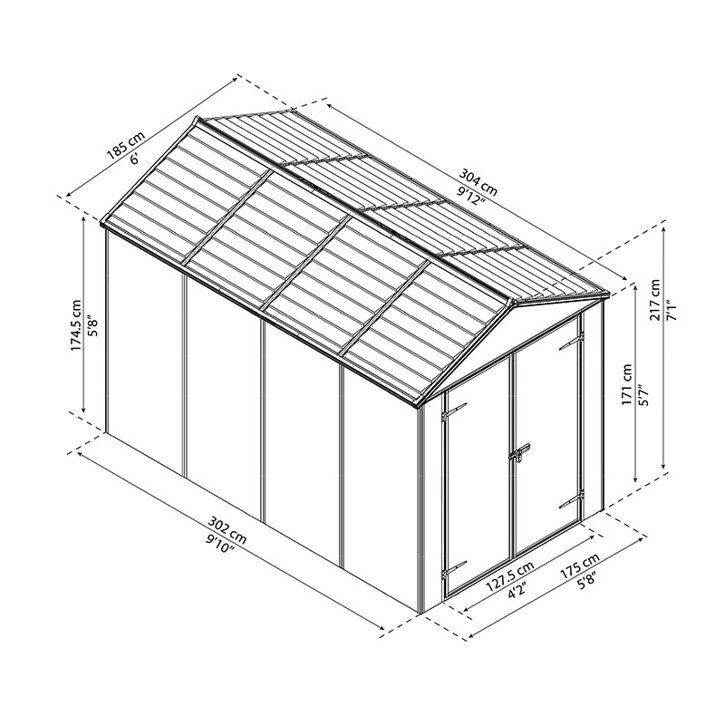 6' x 10' Palram Canopia Rubicon Double Door Premium Plastic Shed - Dark Grey (1.85m x 3m) Technical Drawing