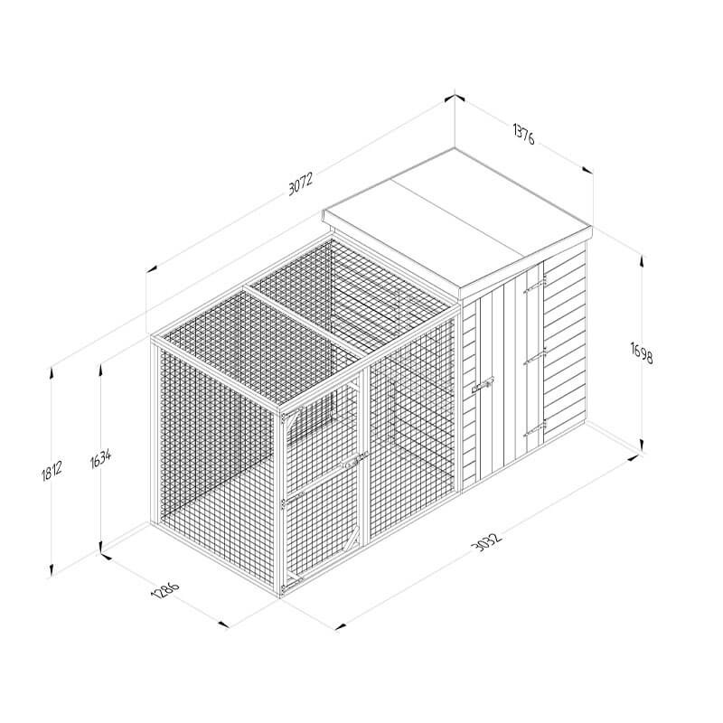 10'1 x 4'6 Forest Hedgerow Wooden Dog Kennel with 6ft Run - Pet House (3.07m x 1.38m) Technical Drawing