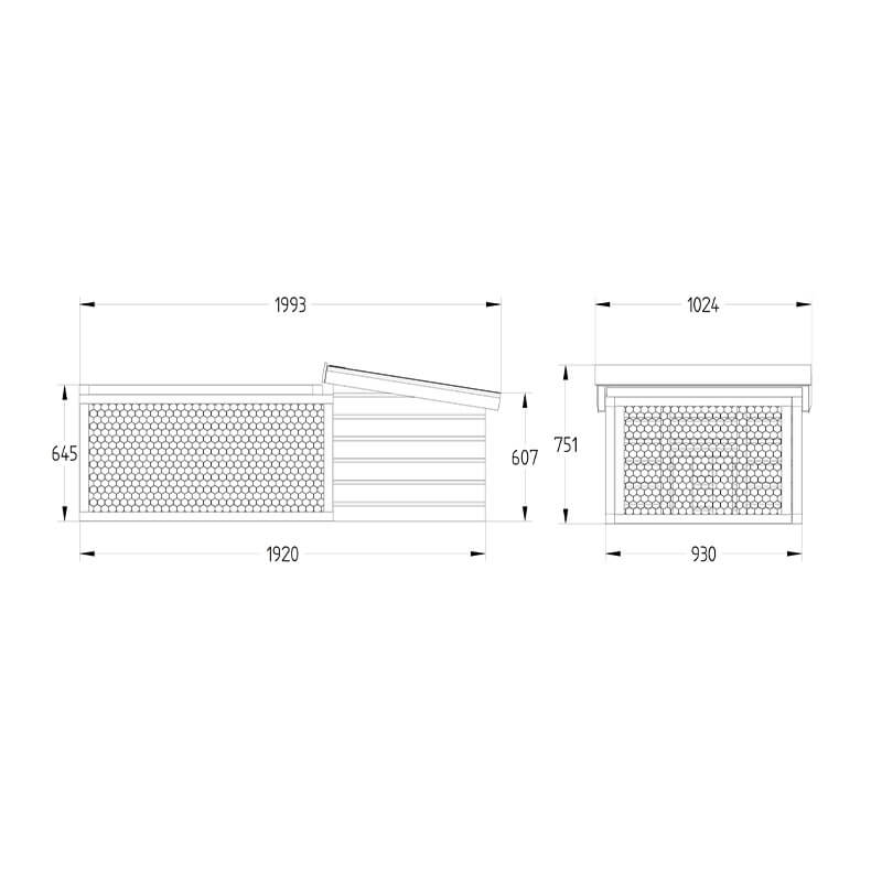 6'6 x 3'5 Forest Hedgerow Wooden Chicken Coop with 4ft Run (1.99m x 1.05m) Technical Drawing