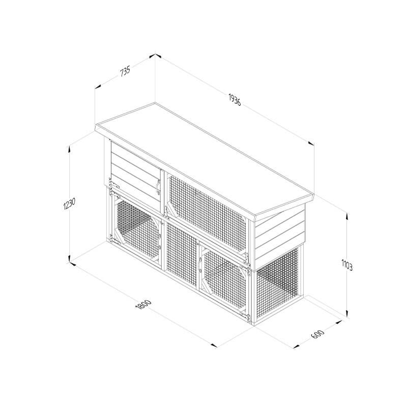 6'4 x 2'5 Forest Hedgerow Wooden 2-Tier Rabbit Hutch (1.94m x 0.74m) Technical Drawing