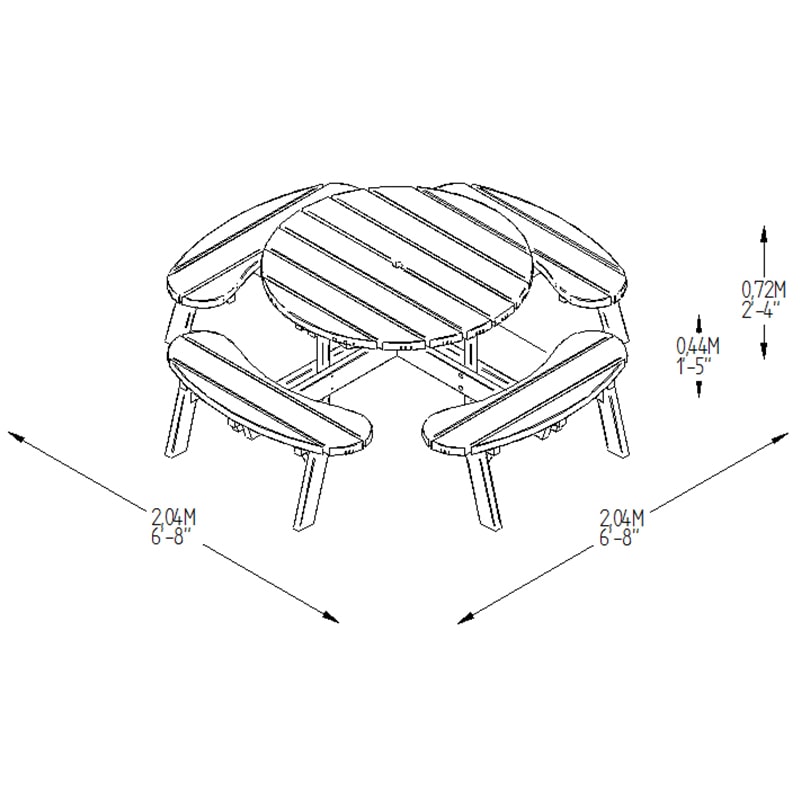 Forest Circular Wooden Garden Picnic Table 6'x6' (1.8x1.8m) Technical Drawing