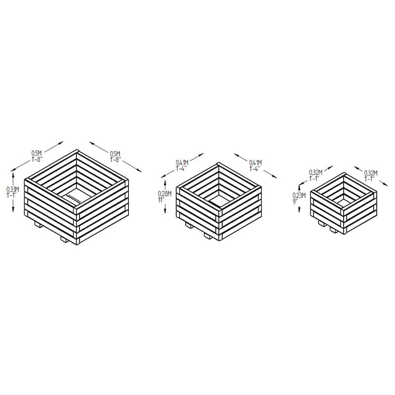 Forest Kendal Square Wooden Garden Planter 1'8 x 1'8 (0.5m x 0.5m) - Set of 3 Technical Drawing