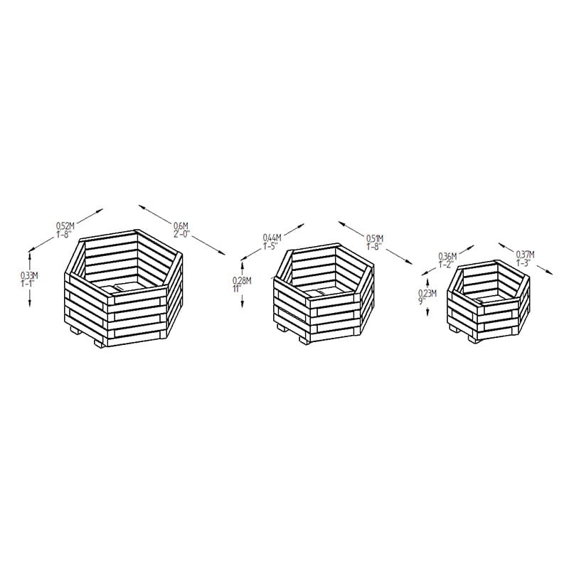 Forest York Hexagonal Wooden Garden Planter 3' x 1'8 (0.9m x 0.5m) - Set of 3 Technical Drawing