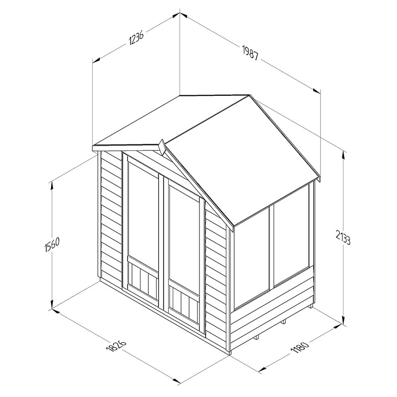 6' x 4' Forest Oakley 25yr Guarantee Double Door Apex Summer House (1.99m x 1.24m) Technical Drawing