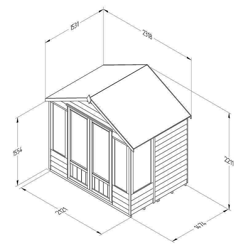 7' x 5' Forest Oakley 25yr Guarantee Double Door Apex Summer House (2.32m x 1.53m) Technical Drawing