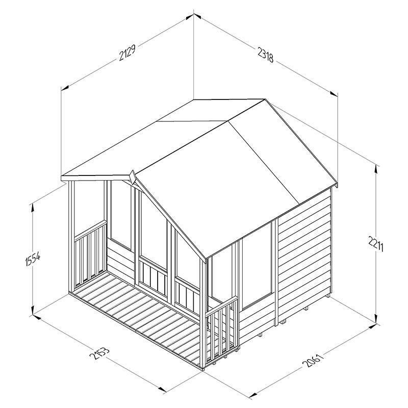7' x 7' Forest Oakley 25yr Guarantee Double Door Apex Summer House (2.32m x 2.13m) Technical Drawing