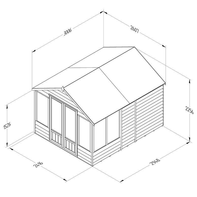 8' x 10' Forest Oakley 25yr Guarantee Double Door Apex Summer House (2.61m x 3.01m) Technical Drawing