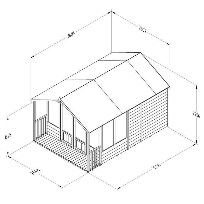 8' x 12' Forest Oakley 25yr Guarantee Double Door Apex Summer House (2.61m x 3.60m) Technical Drawing