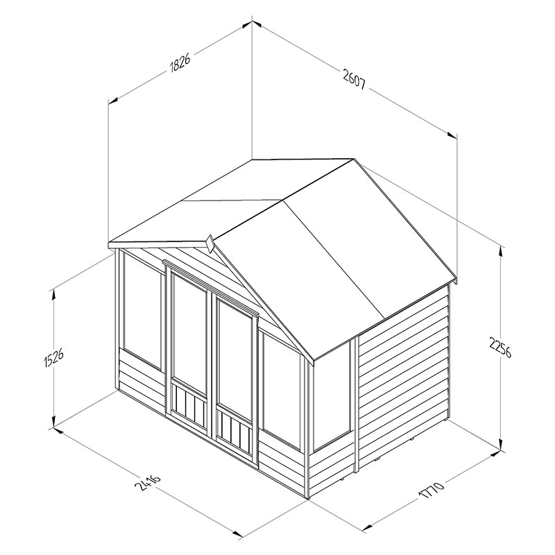 8' x 6' Forest Oakley 25yr Guarantee Double Door Apex Summer House (2.61m x 1.83m) Technical Drawing