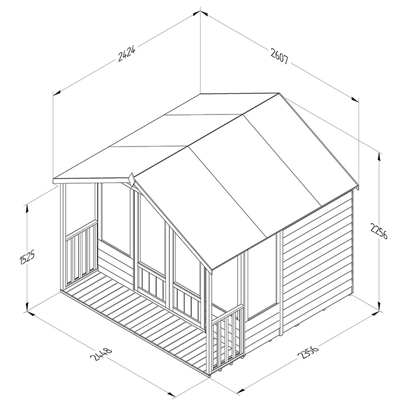 8' x 8' Forest Oakley 25yr Guarantee Double Door Apex Summer House (2.61m x 2.42m) Technical Drawing
