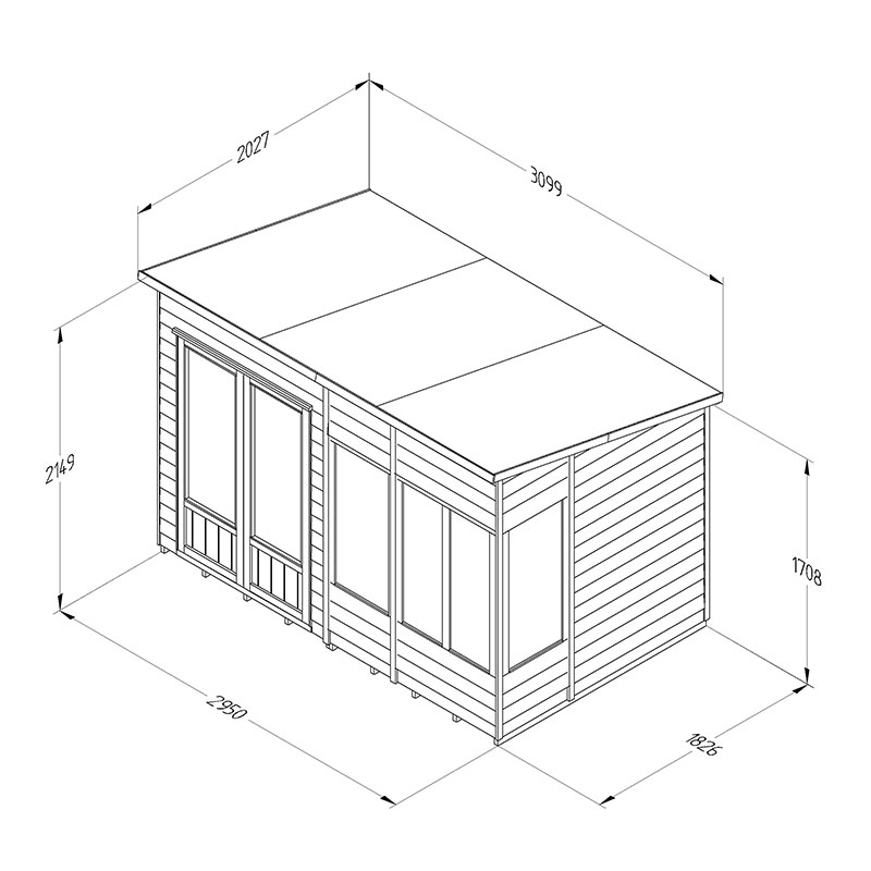10' x 6' Forest Oakley 25yr Guarantee Double Door Pent Summer House (3.10m x 2.03m) Technical Drawing