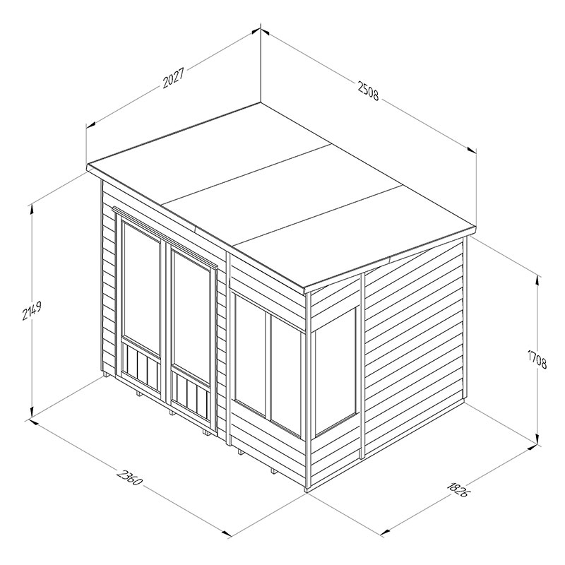 8' x 6' Forest Oakley 25yr Guarantee Double Door Pent Summer House (2.51m x 2.03m) Technical Drawing