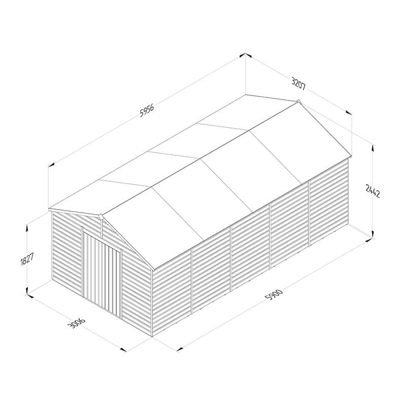 20' x 10' Forest Beckwood 25yr Guarantee Shiplap Pressure Treated Windowless Double Door Apex Wooden Shed (5.96m x 3.21m) Technical Drawing