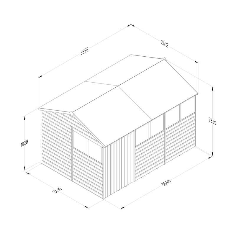 12' x 8' Forest Beckwood 25yr Guarantee Shiplap Pressure Treated Double Door Reverse Apex Wooden Shed (3.6m x 2.61m) Technical Drawing