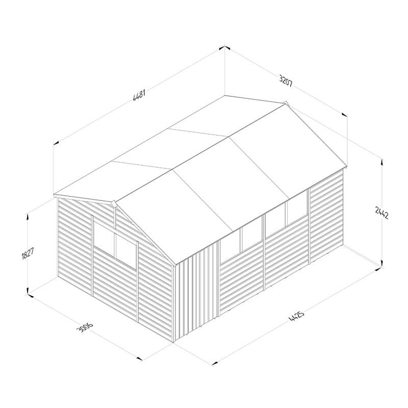 15' x 10' Forest Beckwood 25yr Guarantee Shiplap Pressure Treated Double Door Reverse Apex Wooden Shed (4.48m x 3.21m) Technical Drawing