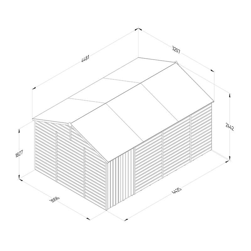 15' x 10' Forest Beckwood 25yr Guarantee Shiplap Pressure Treated Windowless Double Door Reverse Apex Wooden Shed (4.48m x 3.21m) Technical Drawing
