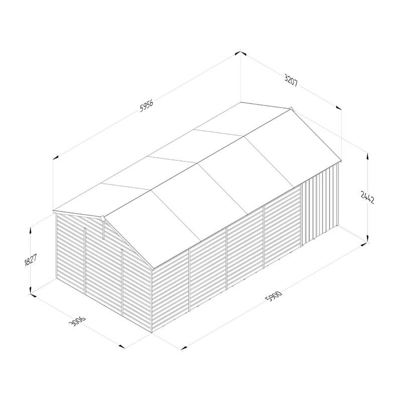 20' x 10' Forest Beckwood 25yr Guarantee Shiplap Pressure Treated Windowless Double Door Reverse Apex Wooden Shed (5.96m x 3.21m) Technical Drawing